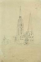Chartres, Cathedrale, Facade ouest, Dessin par Camille Corot (1830)